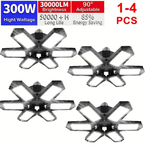 1 4pcs 300w deformable ceiling lighting led garage lights bulb with 6 1 adjustable panels led garage lighting basement barn e26 e27 led lamp for garage workshop basement warehouse attic storage room