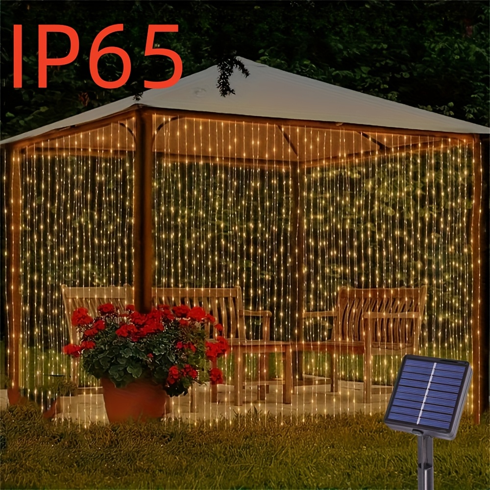 TEMU 1pc Solar Curtain Light String - 300 Led Outdoor Solar Curtain Lights, With 8 Light (flashing/ On), Automatic Timing Switch/button Control -