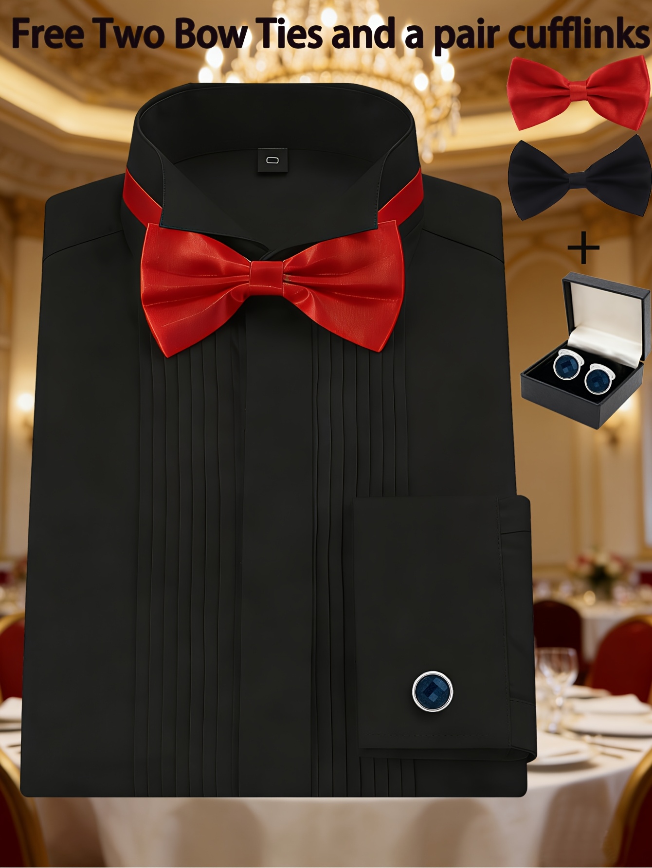 Men's Solid Color Dress Shirt with Swallow Collar & Bow Ties