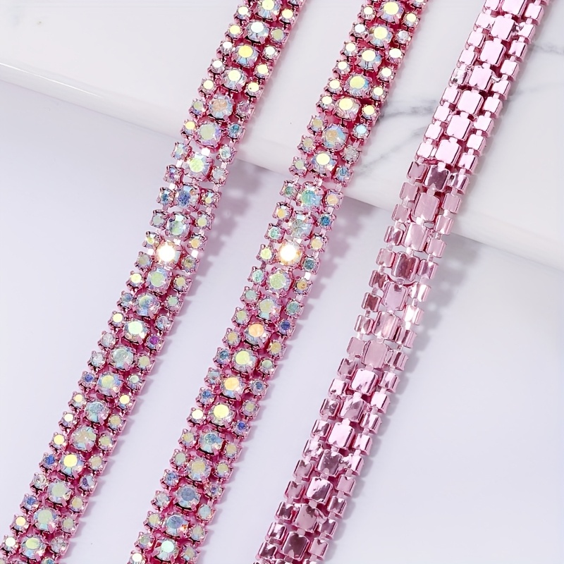 TEMU Length 90cm, 3-row Ab Color Crystal Claw Chain Rhinestone Strip For Sewing On Blue/yellow/pink/purple/golden/red Base Colors, For , Bags, And