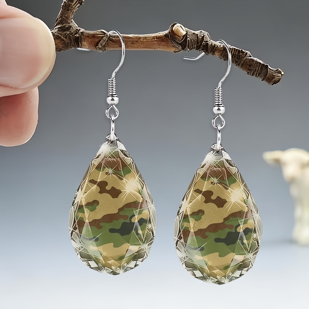 Women's Teardrop-shaped Glass Camouflage Pattern Earrings | Elegant And Fashionable Jewelry, Suitable For Everyday Wear And Special Occasions, Alloy Post