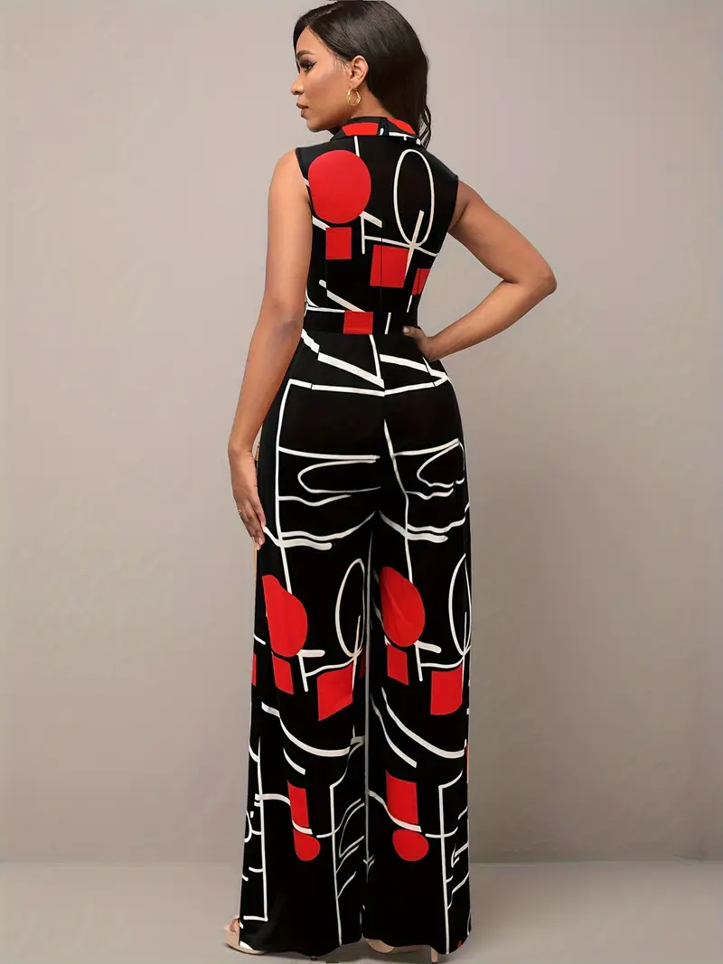 geo print button front jumpsuit elegant sleeveless jumpsuit for womens clothing details 1