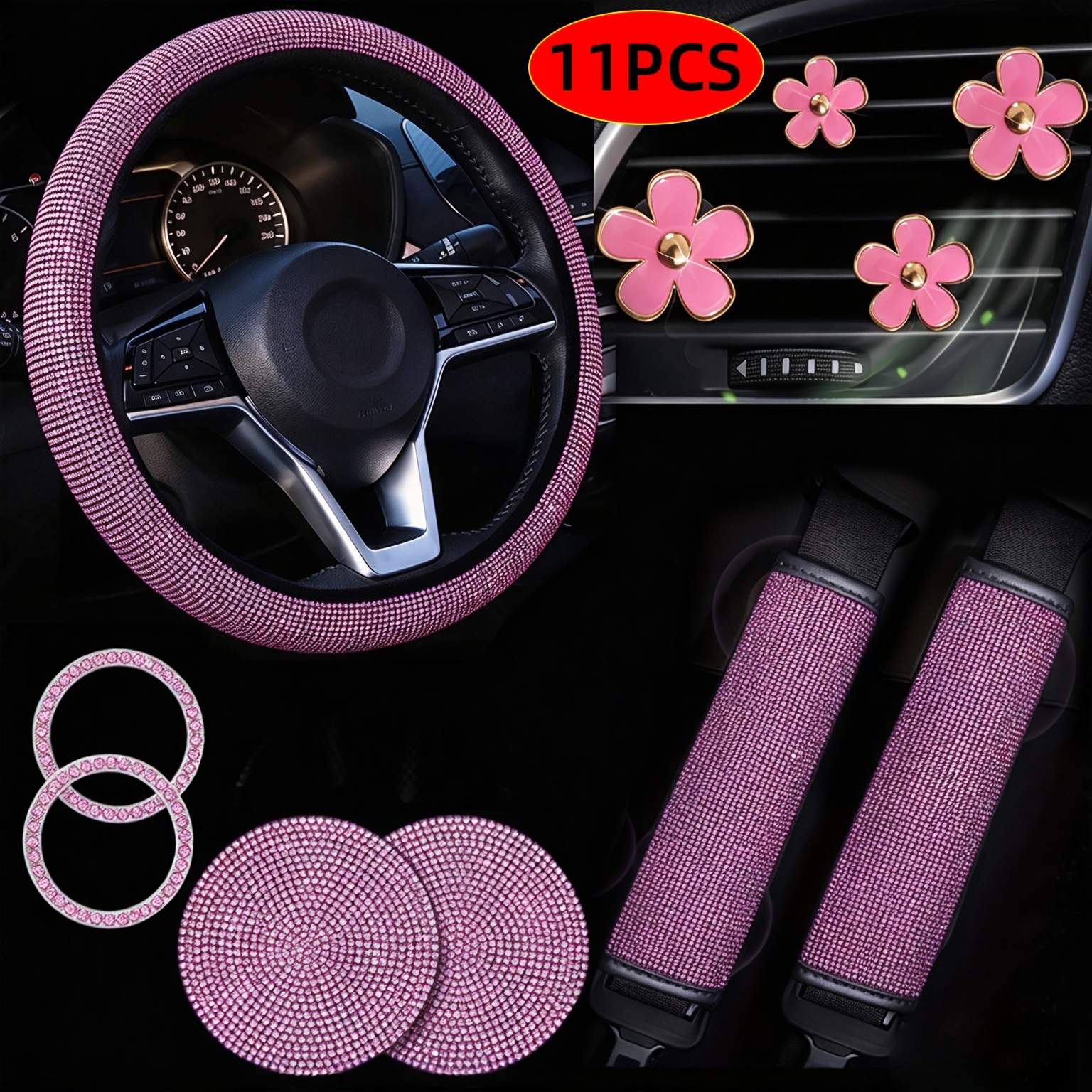 TEMU 11pcs Luxury Sparkling Car Steering Wheel Cover Set, Artificial Rhinestone Material - Universal Shoulder Pads, Cup Holders, Start Rings, And