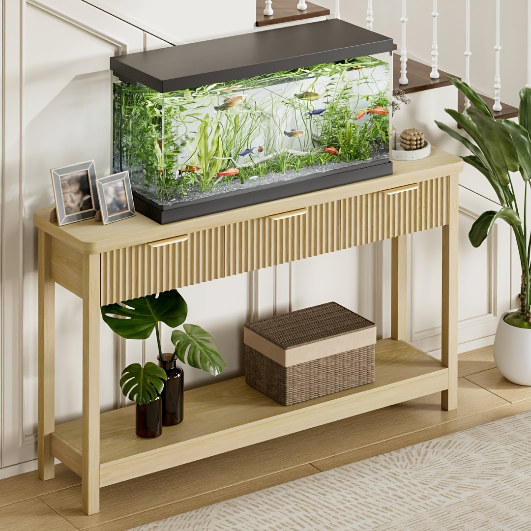 51 IN Fluted Console Table with 3 Drawers, Modern Entryway Table with Metal Handles, Sturdy Solid Wood Design, Hallway Table with Storage, for Living Room And Hallway