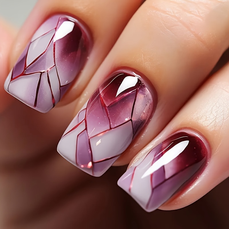 

24pcs Short Square False Nails Acrylic False Nails, Geometric Line Design, Glossy Artificial Glue, Purple Full Coverage Female Nails, Including 1 Nail File And 1 Glue Sticker