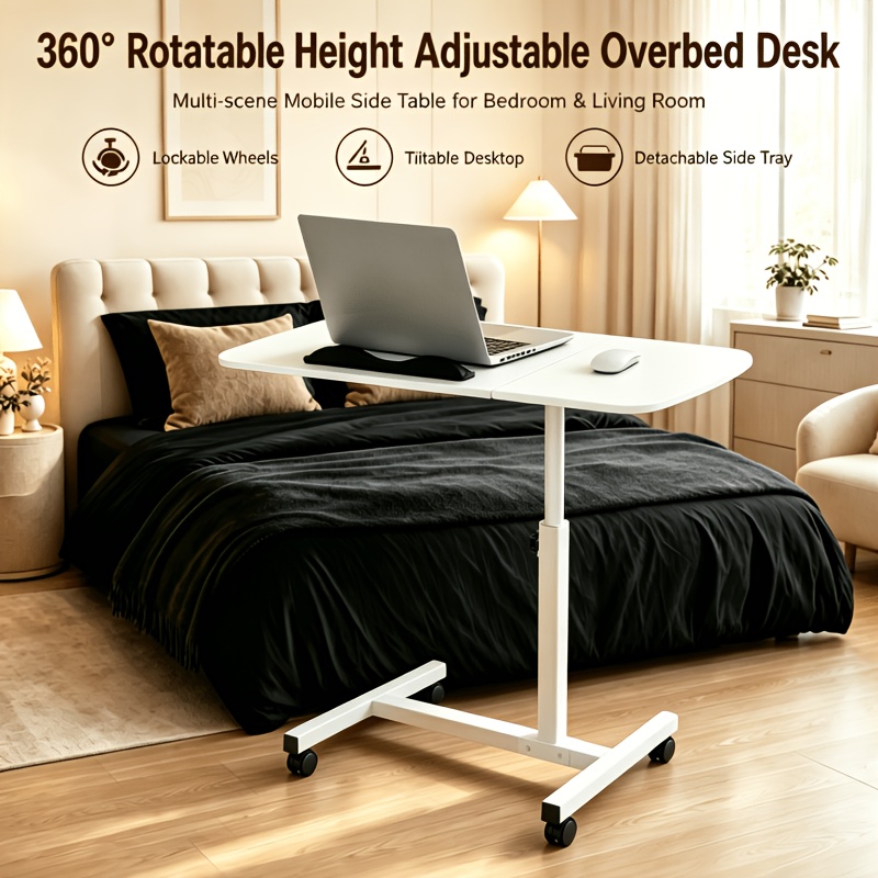 TEMU Bureau rotatif à 360° avec hauteur réglable, plateau inclinable et roulettes universelles. Table multi-scènes pour chambre, bureau et salon.