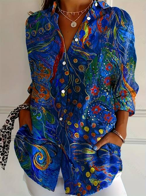 womens elegant long sleeve floral print button up shirt loose fit polyester blend machine washable casual or dressy outfits