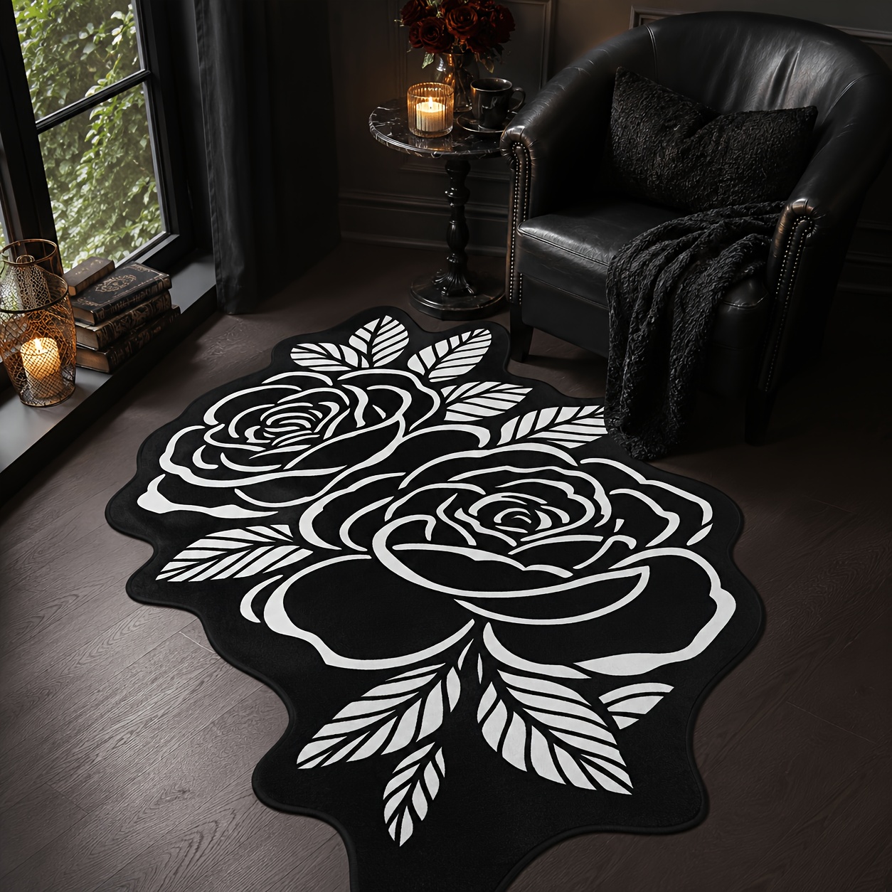 TEMU 1pc Black And White Retro Floral Pattern Rectangular Rug, And , Suitable For Entrance Bedroom Bedside Living Room Sofa Side Study Home Decor,