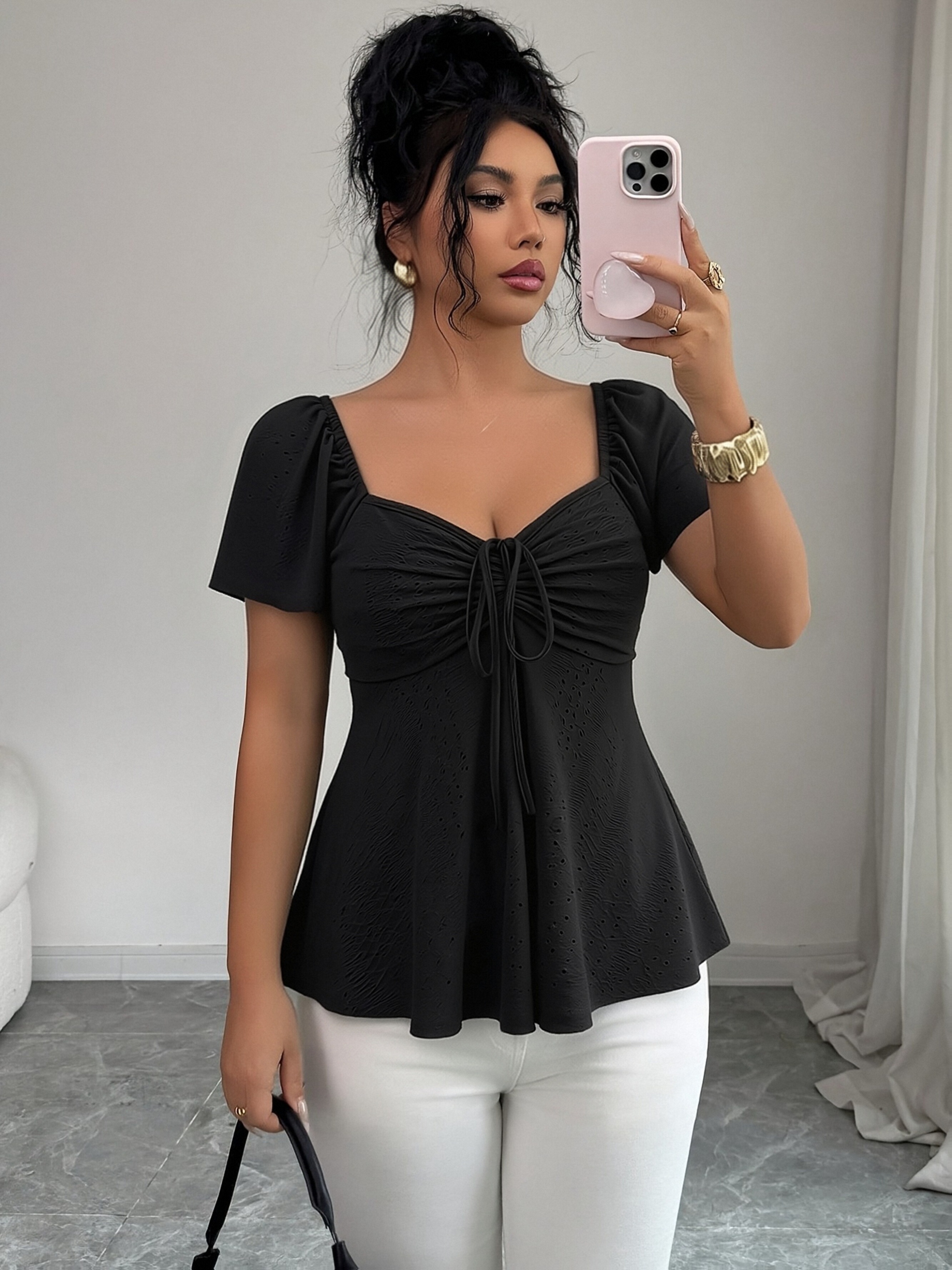 womens summer jacquard tie waist short sleeve t shirt