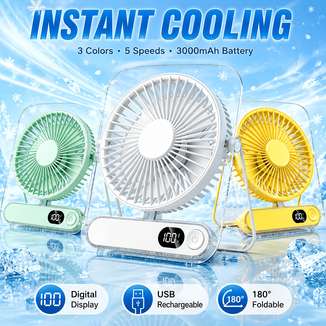 Mini USB Desktop Fan, with 3000Mah Battery, Ultra-Quiet with 5 Adjustable Speeds, 360° Foldable Design, Digital Power Display, Acrylic Material, Suitable for Home, Office, And Travel