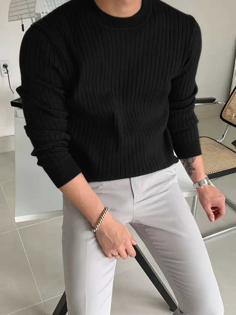 mens fashion casual crew neck long sleeve knit sweater regular fit ribbed pullover tops for spring and fall details 18
