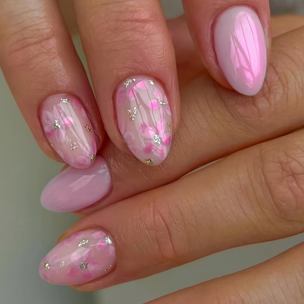 TEMU Your Style With This 24pcs Short Oval Light Pink Cherry Ombre / Hand-painted Glitter Press-on Nail Set! Suitable For Women And For Daily Work,