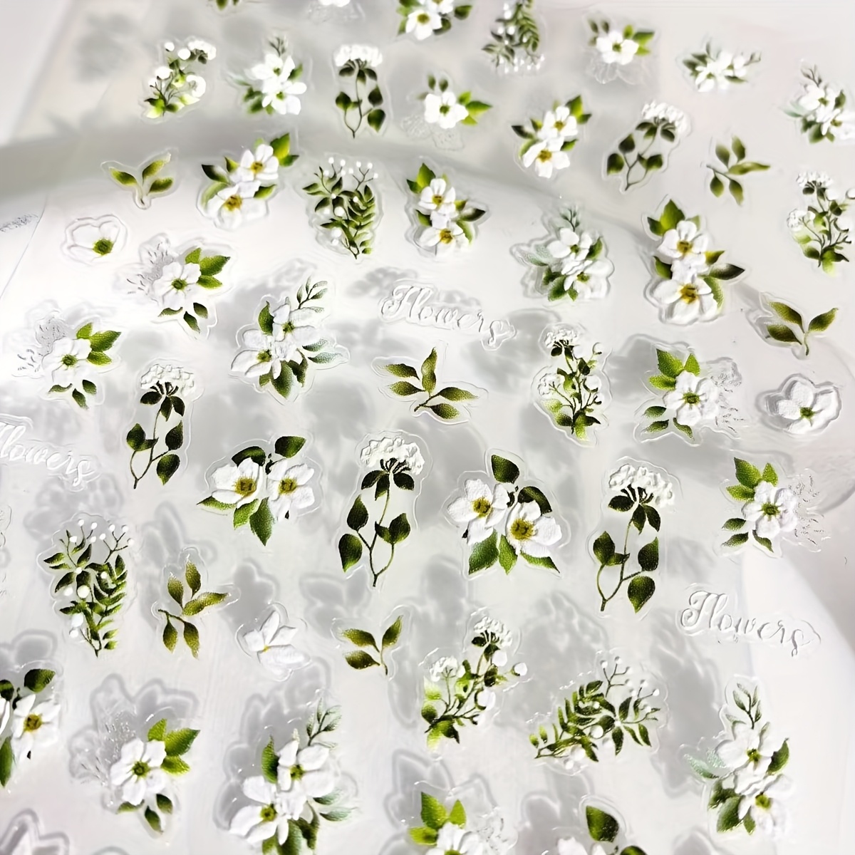 5d Spring Flower Blooming Nail Art Stickers - White Jasmine & Green , Self-adhesive , Irregular Shapes For Diy Nail Decor, Durable Plastic