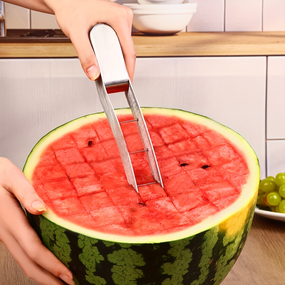 TEMU 1/2pcs Quick And Safe Watermelon Cutter - Stainless Steel Cube Cutter For Fruit Salad And Melon - Kitchen Gadget And Accessory For Easy Slicing