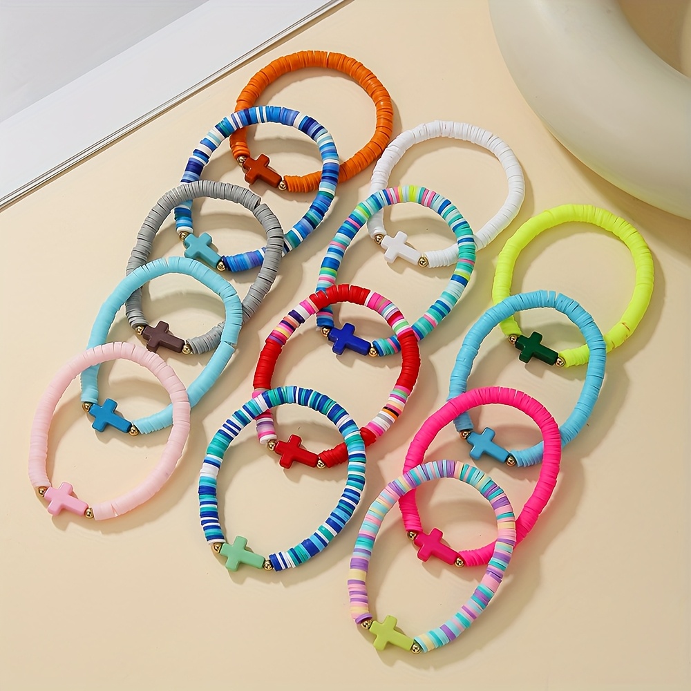 27pcs Easter Cross-Themed Colourful Elastic Clay Bracelet Set