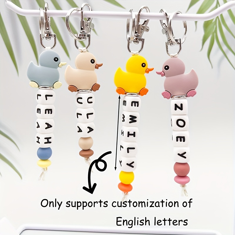 

Customizable Silicone Duck Keychain With Beaded Letters - Personalized Cartoon Animal Charm For Women, Perfect Gift For Friends