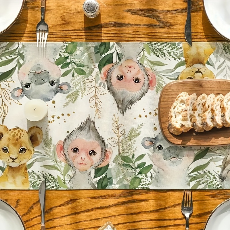 

Jungle Safari Animal Table Runner - 1pc White & Emerald Green Printed Polyester, No-electricity Seasonal Home Kitchen Mat For Outdoor Garden Party, Holiday Dining Decor, Banquet Room Supplies