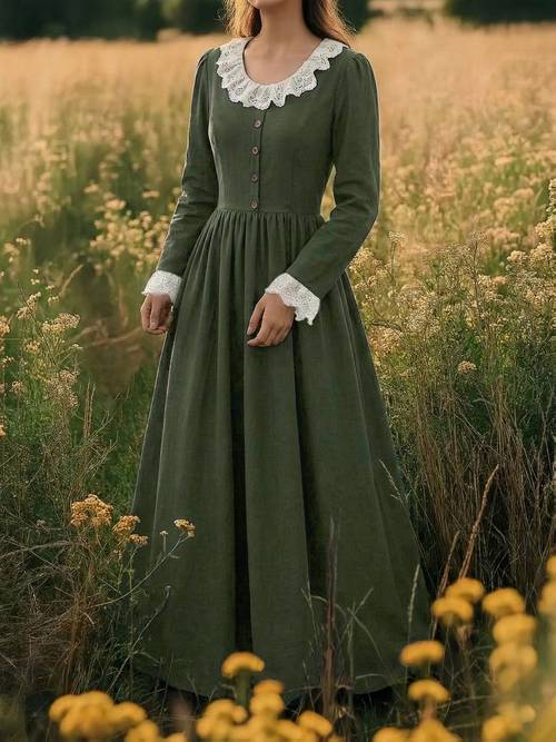 vintage dress with white lace trim long sleeve peplum neck flowy a line silhouette adult women wear vintage dress for women victorian dres women victorian dres long victorian dres up dress for lady women summer dress for women dress for women elegant classy elegant dress for women