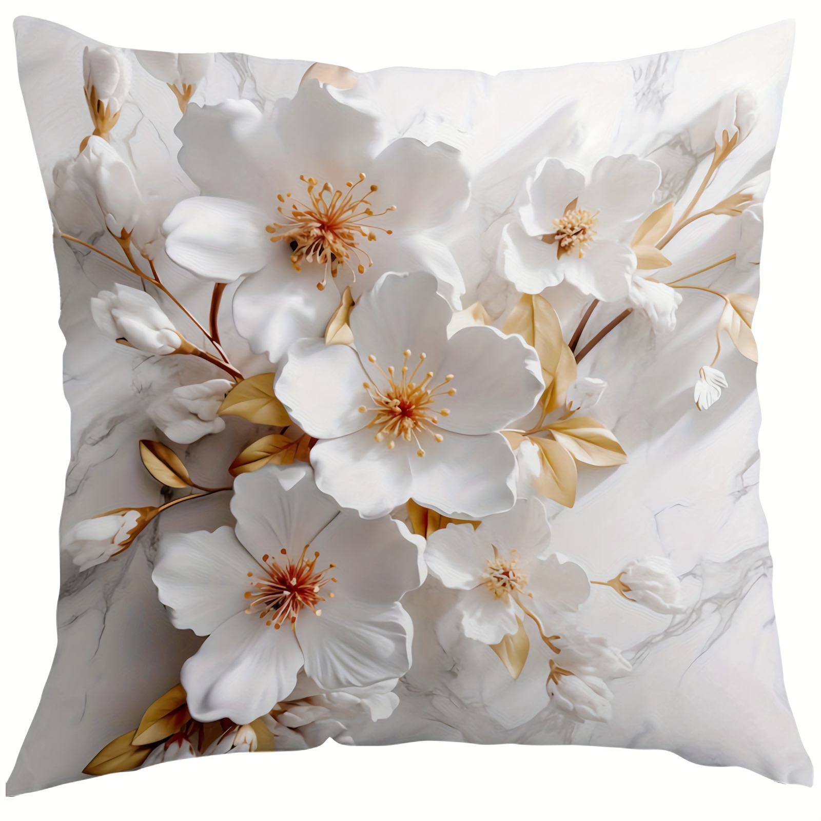 

Chic White Floral Throw Pillow Cover 18x18" - Soft Plush, Zippered, Single-sided Print For Sofa & Bedroom Decor, Machine Washable, No Insert