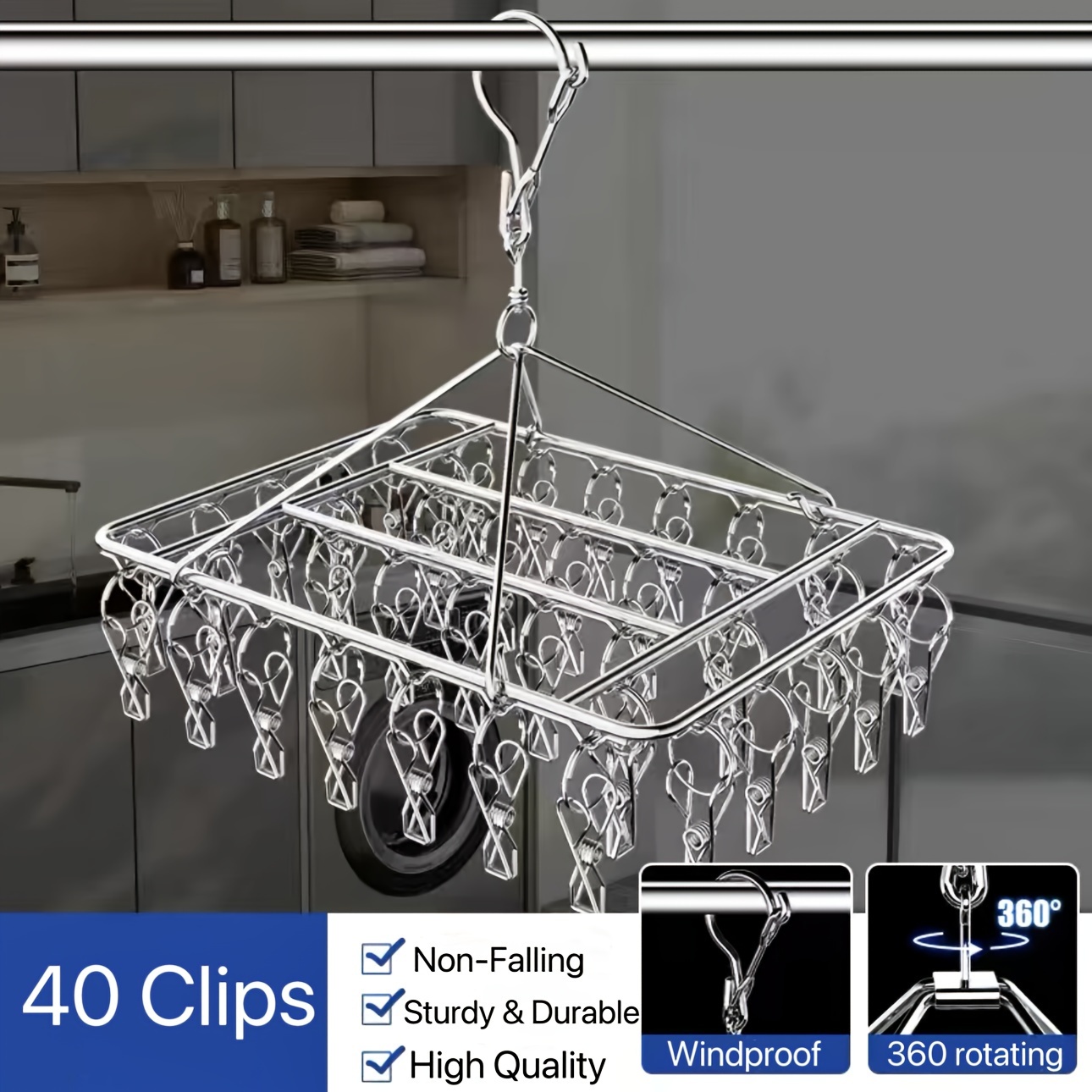 

1pc Stainless Steel Hanging Drying Rack-40 Clips- Design-multipurpose For Home And Store