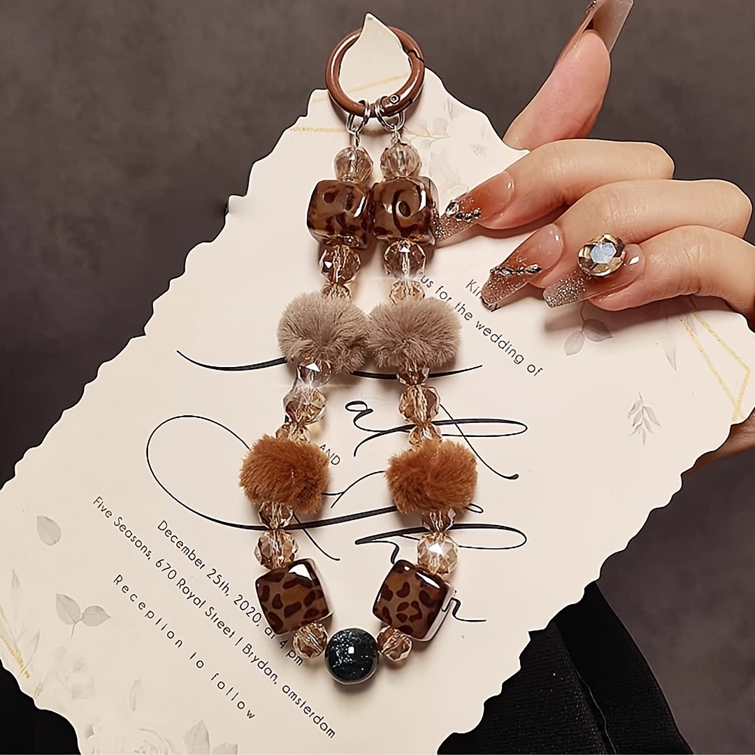 Image of Brown Pompom Crystal Beaded Hand Carry Chain Wrist Short Lanyard Phone Case Car Key Chain Pendant