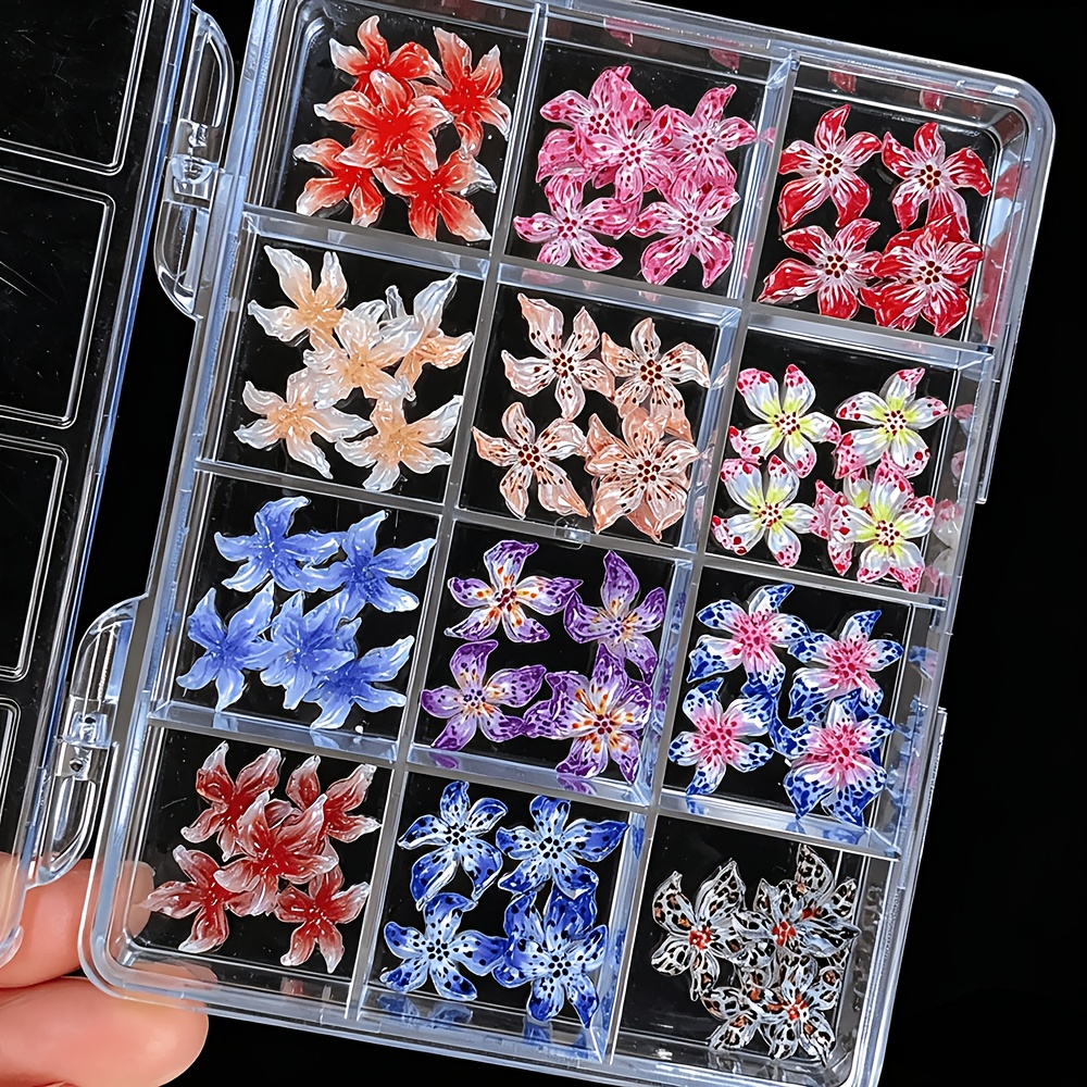 TEMU Ciondoli per unghie a forma di in resina 3D primaverili, 12 scomparti decorazioni per nail art a colori , accessori stereo per unghie per