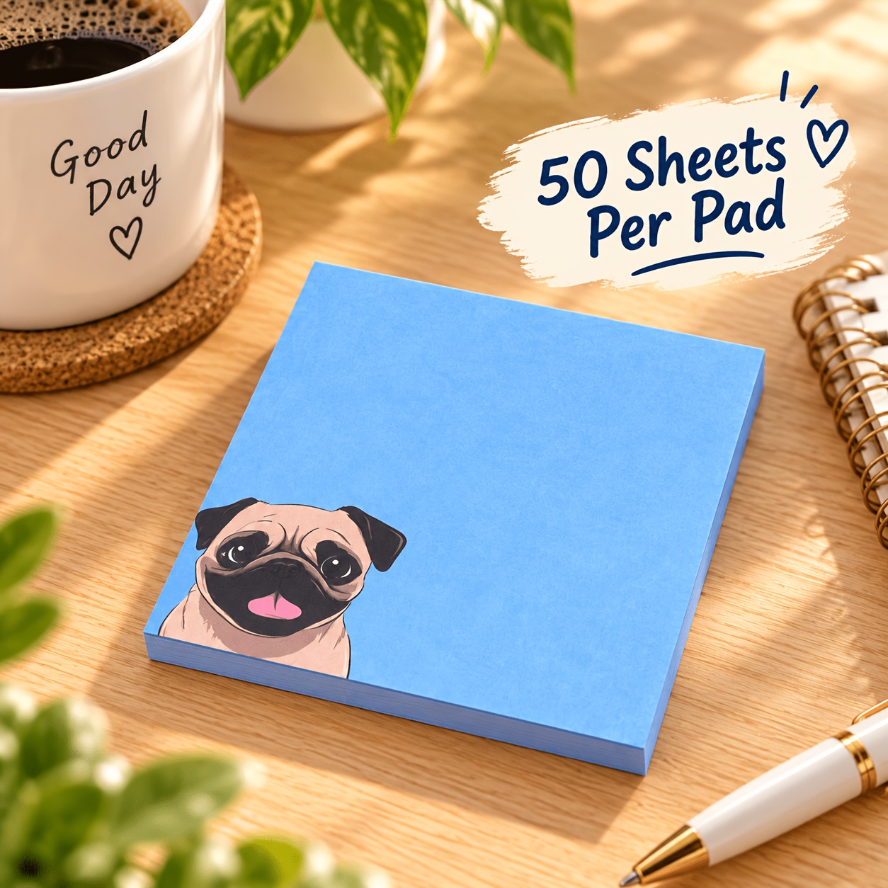 TEMU 1-pack Cute Pug Square Sticky Notes, Self-adhesive Note Pad, Suitable For Office, Study, And Daily Reminders, For Dog Lovers