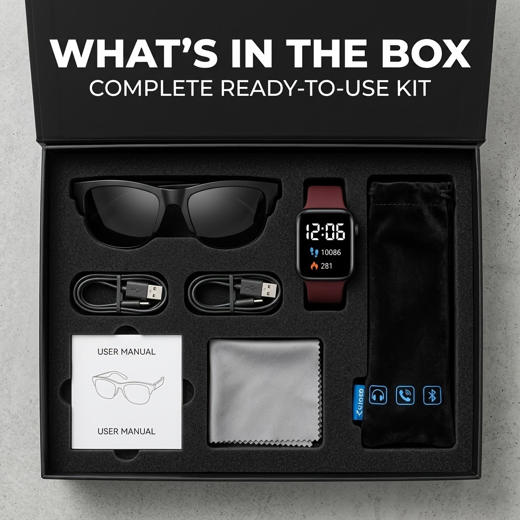 An AI Smart Translation Glasses And Stylish Watch Set, Featuring Wireless Bluetooth Connectivity, Real-time Language Translation, Music Playback Support, And HD Calling Capabilities. with Its Ultra-long Battery Life And Lightweight, Portable Design
