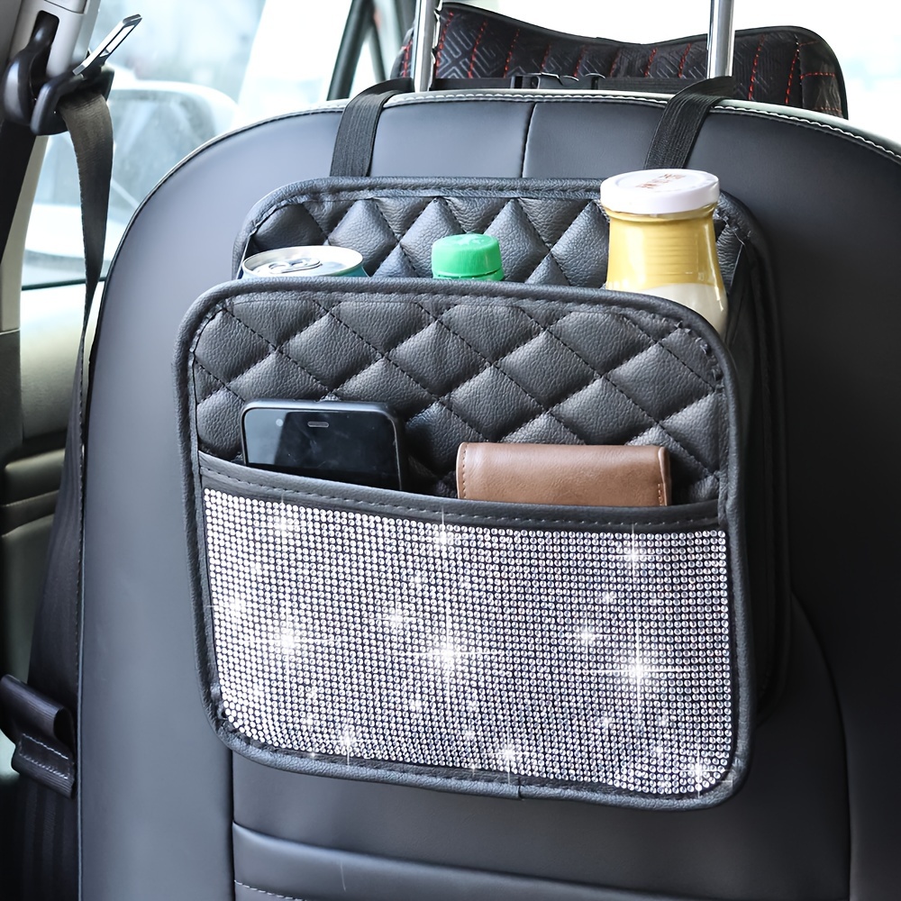 Image of Sparkling Multifunctional Car Seat Back Storage Organizer With Shiny Hanging Bag, Storage Box & Rhinestone Decoration - Vehicle Organizer Suitable For, Suvs