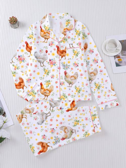 2pcs womens chick print pajama set long sleeved lapel button up top and loose elastic waist trousers casual outdoor and home cozy womens sleepwear and loungewear