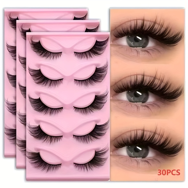 TEMU 30pcs Long Cat Eye Lashes - Festive Gift Wispy, Lengthened, , And False Eyelashes For A Seductive - Reusable Strip Lashes For Stunning Eye Makeup