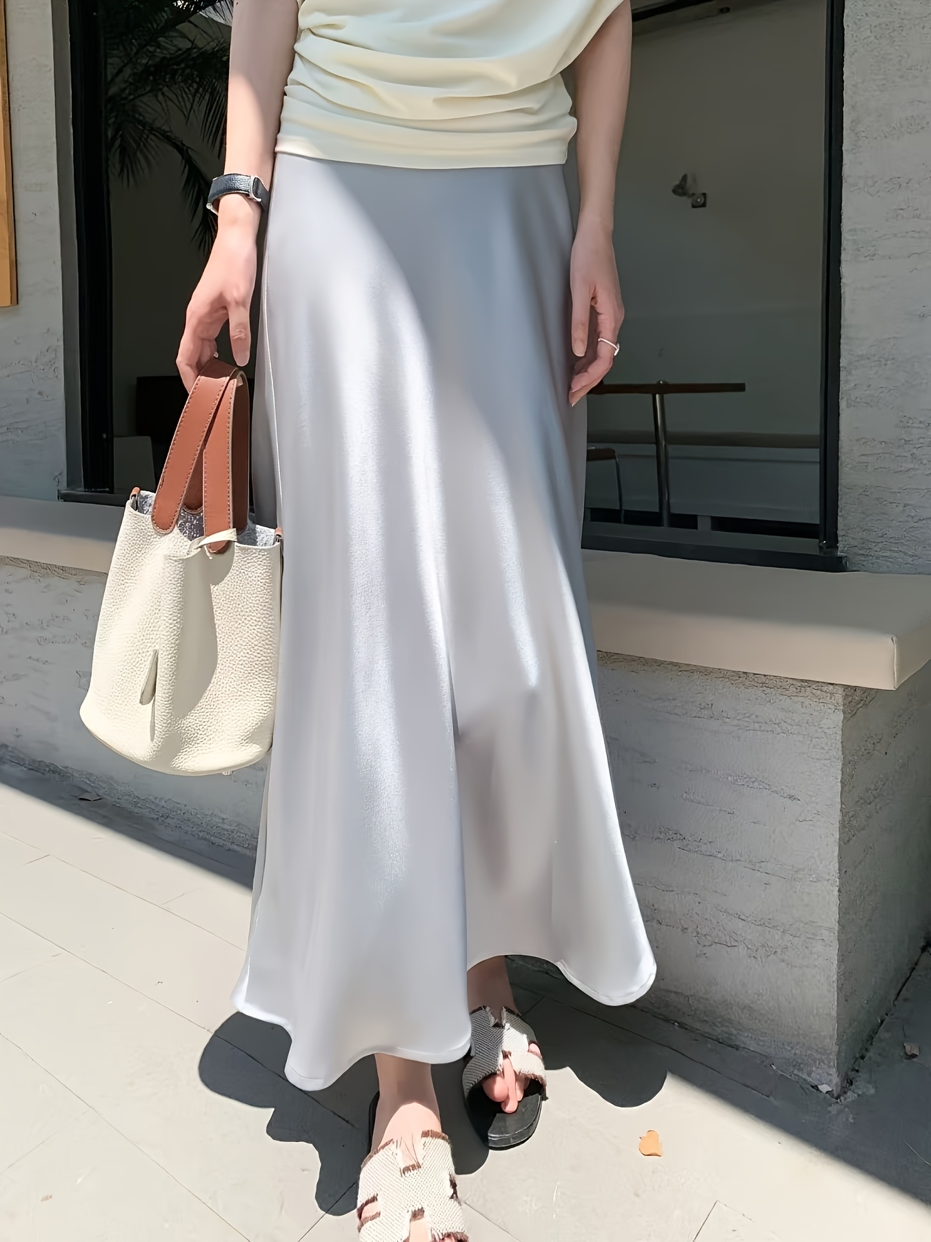 womens light gray pleated midi skirt zipper detail spring Temu