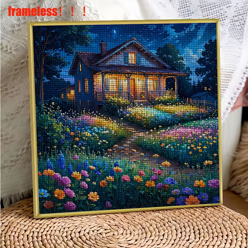 DIY Cross-Stitch Printed Kit, Unframed, "Night House in Full Bloom"