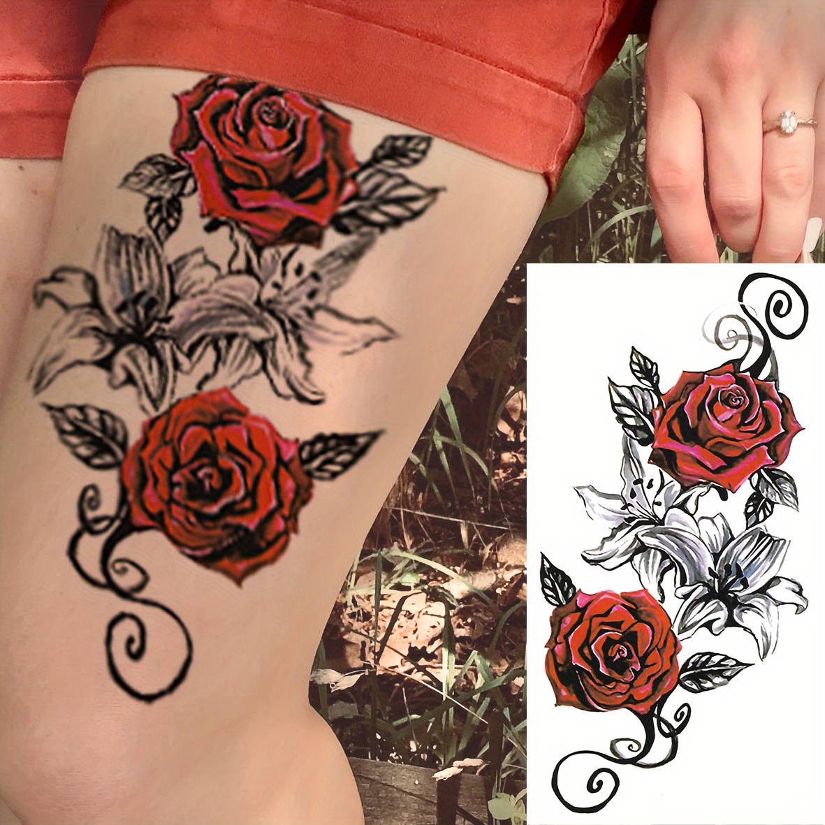 Tattoo-Bogen Temporär Mit Rosen-Motiv – Wasserfeste Aufkleber 14,5 X 21 Cm Für Haut