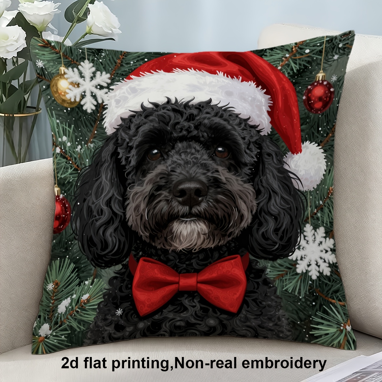 TEMU 2d Flat Printing, 1pc, Christmas, Black Poodle Wearing Santa Hat And Red Bow Tie, Pillow Cover, Double-sided Printing, Polyester, Very Suitable