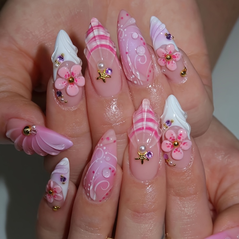 TEMU 24 patchs à ongles ondulés français 3D sculptés, décorés à avec des de mer, des coquillages et des perles, qualité salon de manucure, et