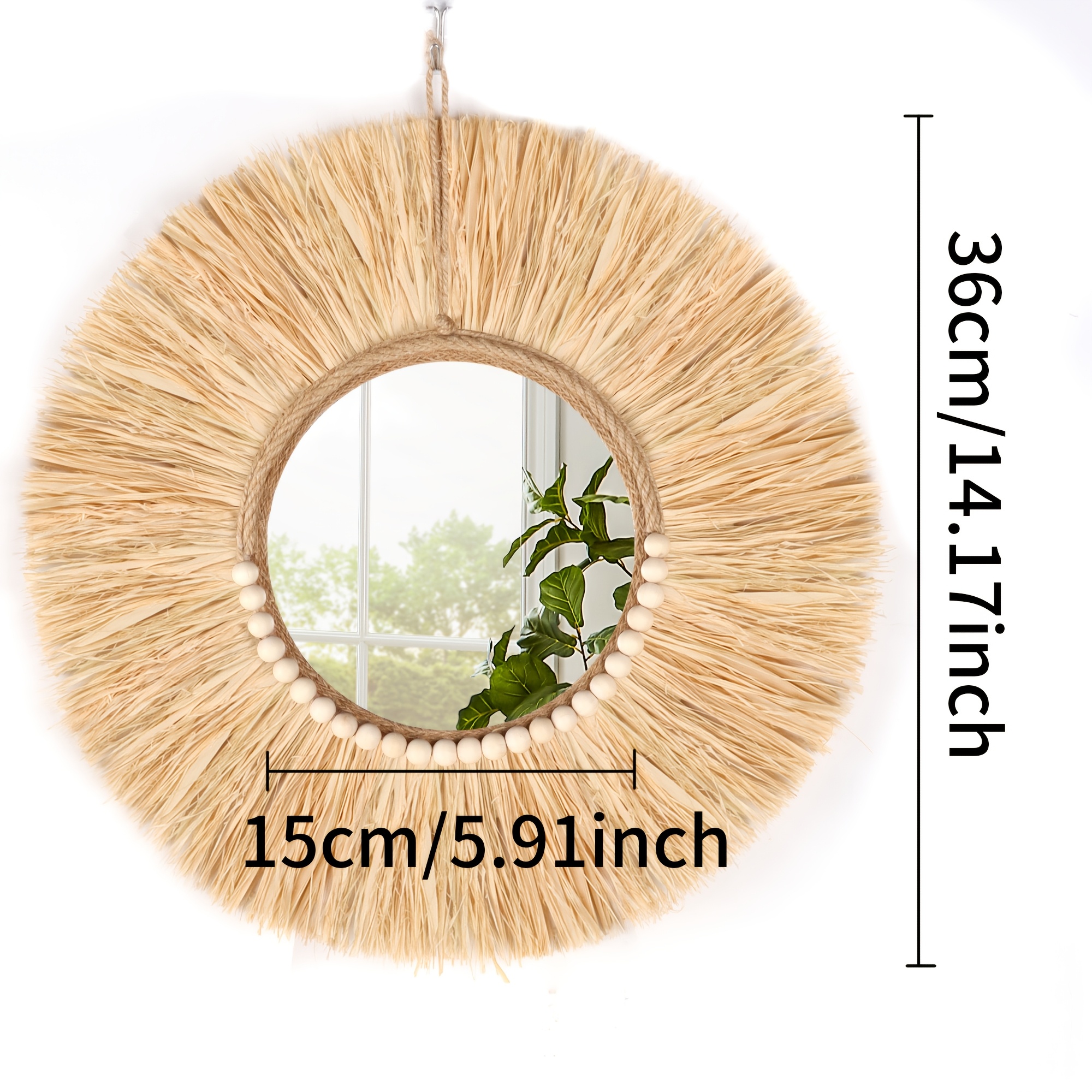 Image of 1pc Wooden Bead Raffia Straw Acrylic Mirror High Quality Home Decoration Wall Mirror Handmade Ornament Bohemian Style Decorative Living Room Bedroom Minimal, Acrylic Mirror