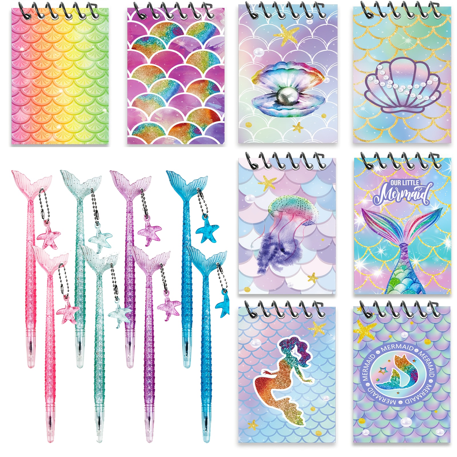 8pcs Mermaid Mini Spiral Notepads & 8 Little Mermaid Pens - Vibrant Ocean-themed Party Supplies, Birthday Gifts, And Mermaid Party Decorations With Colorful Sea Creatures, Mermaid Decor