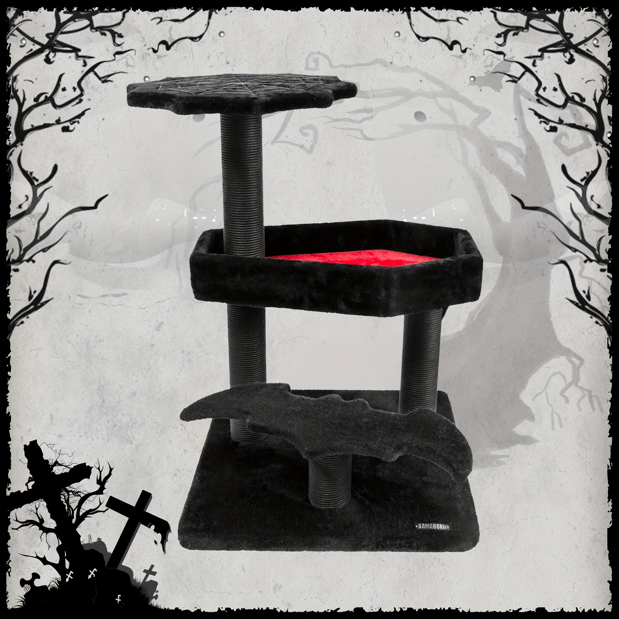 

Gothic Cat Tree With Coffin Bed, 30.3" Black Cat Tower For Indoor Cats With Scratching Posts For Cat, Black & Red