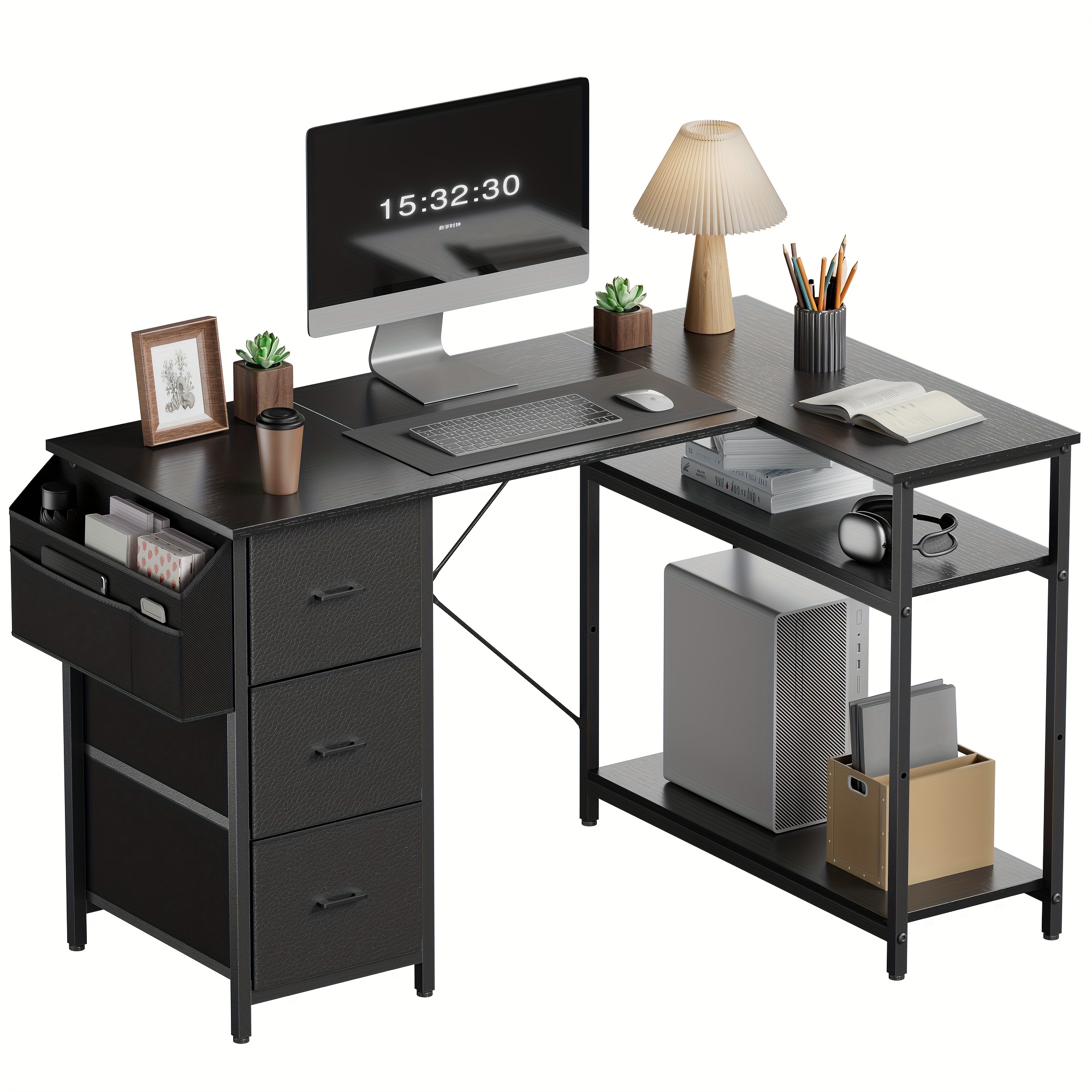 TEMU Furnishia Computer Desk With Side Storage Pockets, Gaming Desk With Drawers & Storage Bag, Two-tier Storage Shelf Office Desk For Bedroom,