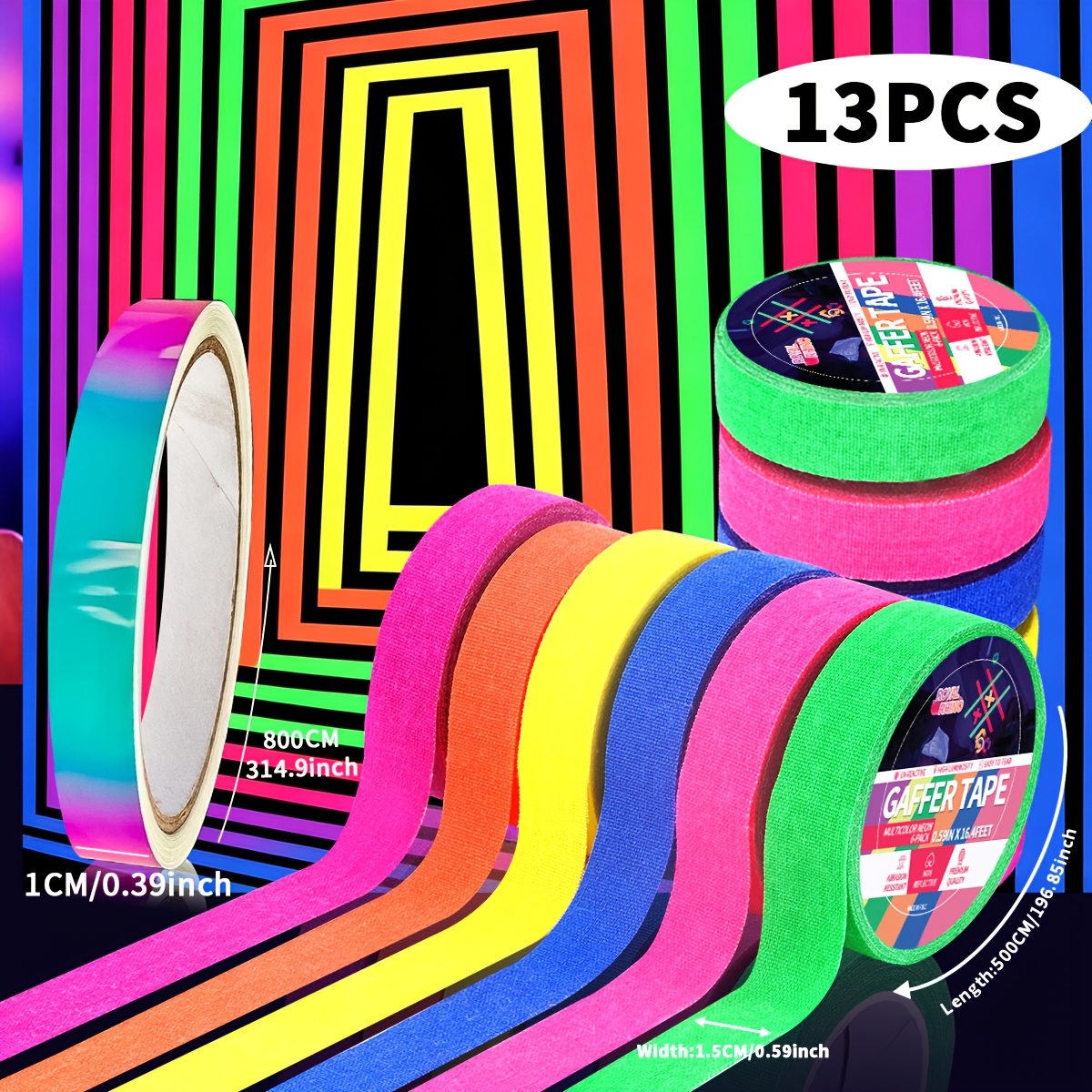 TEMU 13pcs Fluorescent Neon Adhesive Tapes, Uv Black Tape, Vibrant Uv Reactive Decorations, Suitable For Party Decoration, Halloween, Stage