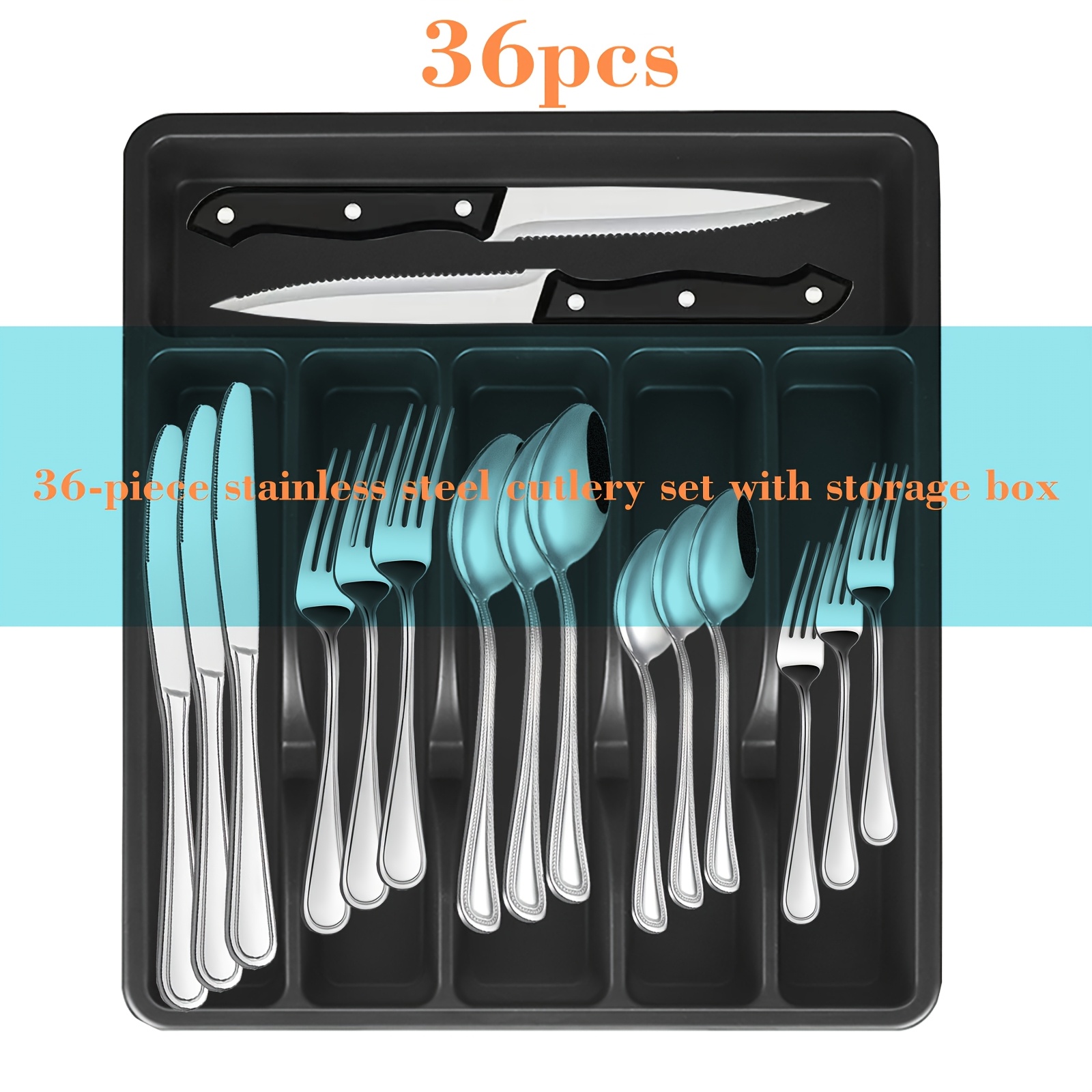 TEMU 36pcs Silverware Set With Steak Knife Set, Silvery Tableware Set, 6pcs Set, Stainless Steel Tableware Set, Suitable For Family, Restaurant,