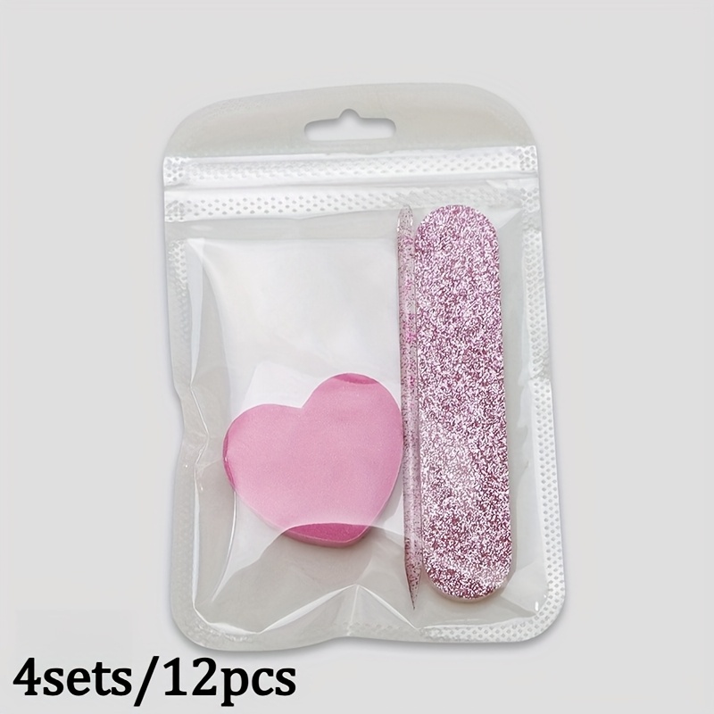 12pcs Pink Glitter Nail Care Set - Heart-shaped Buffer, & Dual-sided Files For Manicure And Pedicure, Sparkling Pink Glitter Design ,for Toenail& Foot Clean