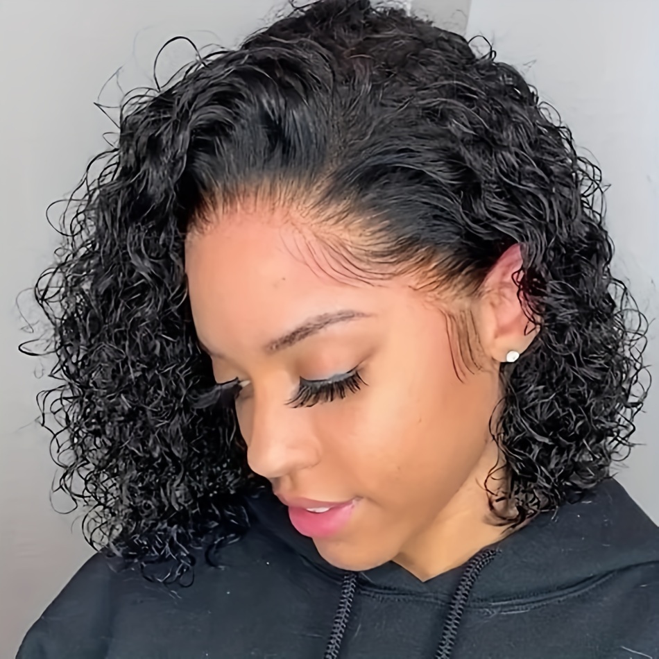 TEMU 13x4 Transparent Lace Front Deep Wave Curly Bob Wig - 180% Density Human Hair, Glueless For Natural Look, Short Style For Daily Use, Short Hair Wig
