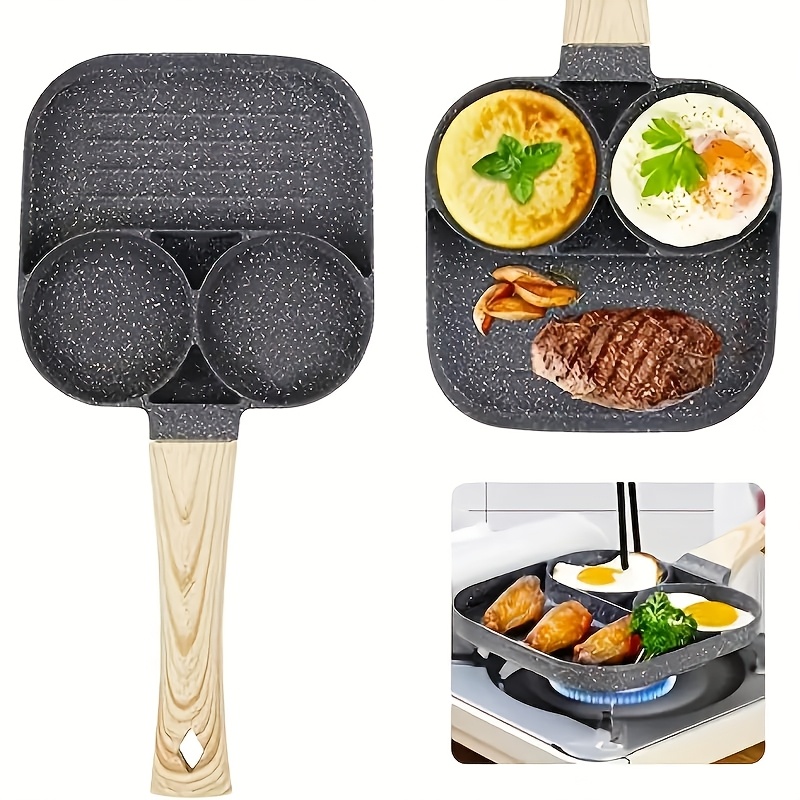 TEMU 1pc 3-hole Hamburger Frying Pan, Home Frying Pan, Frying Pan For Frying Eggs, Egg Hamburger Pan With Wooden Handle, Frying Pan For Eggs, Egg Mold, Ham Pancake, Breakfast Maker
