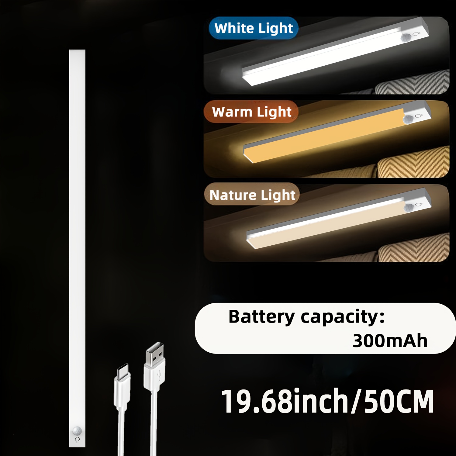 E-shop NBBUFF Intelligente Bewegungsmelderleuchte, USB Wiederaufladbare Induktions-LED-Leuchte, Drei Farbtemperaturen, Stufenloses Dimmen, Geeignet für