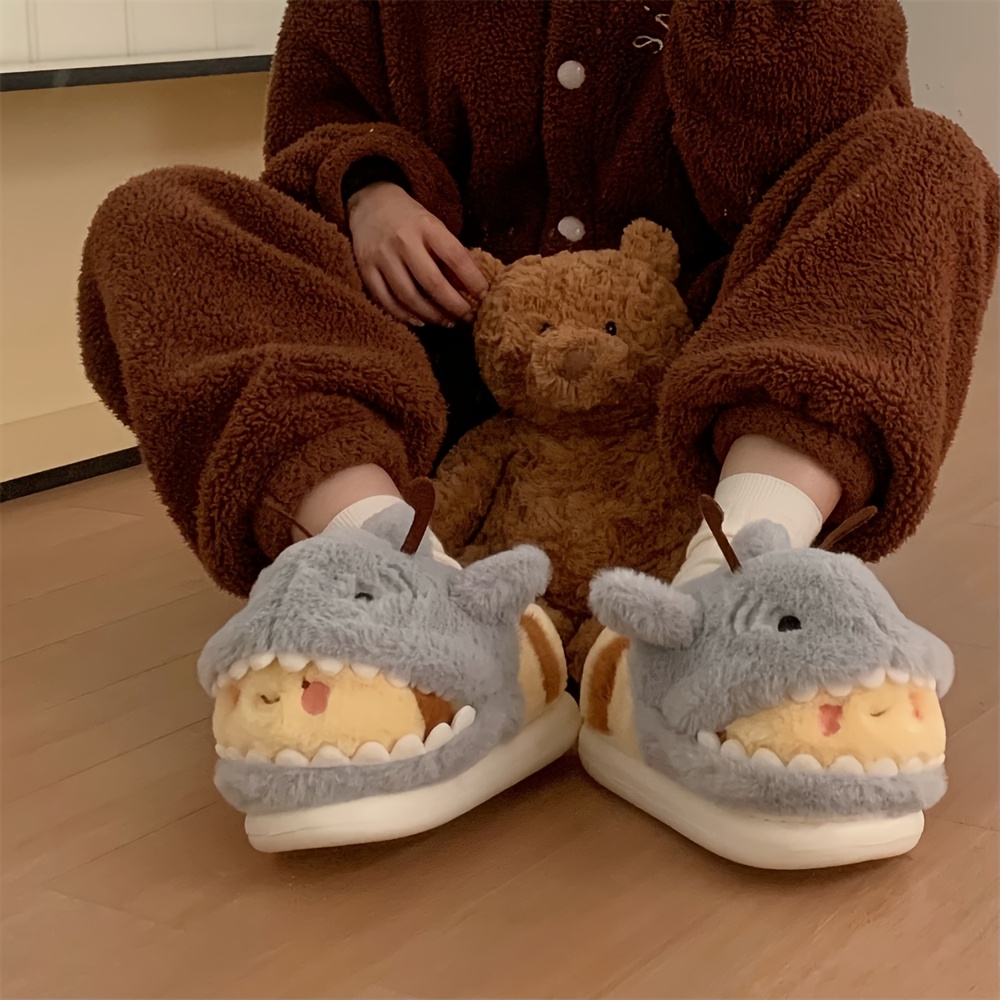 xixitiao cute and fun shark and bee fuzzy winter slippers for couples non slip with a back heel Product details 4