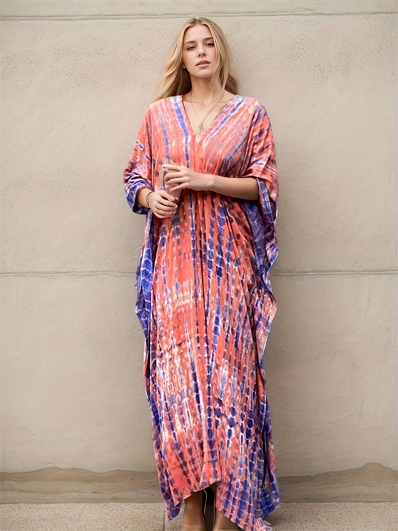 V Neck Oversized Kaftan Dress Bohemian Loose Beach Vacation - Temu