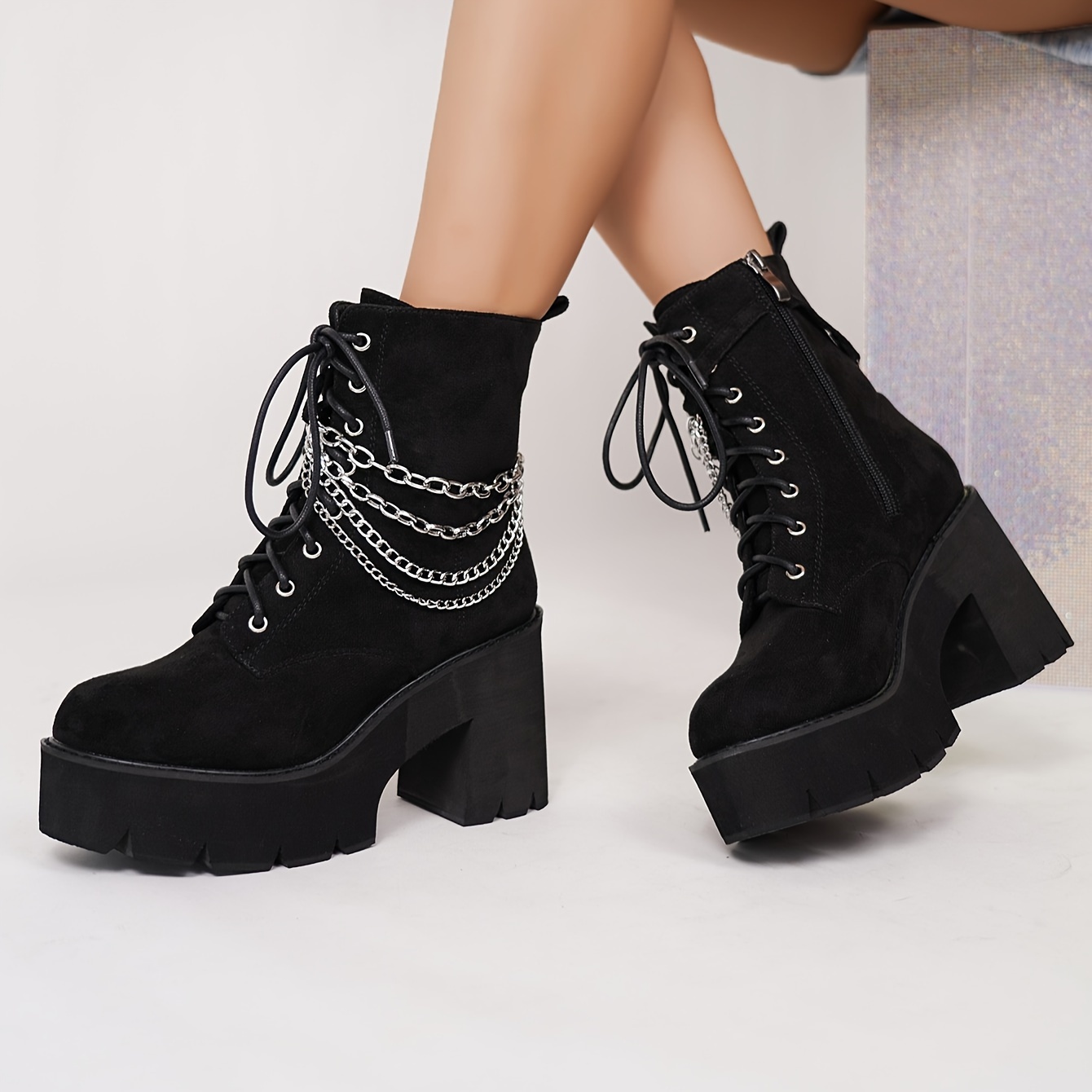 Image of Fashion Women's Black Velvet Metal Chain Casual Vacation Chunky Heel Platform Boots, Women Shoes