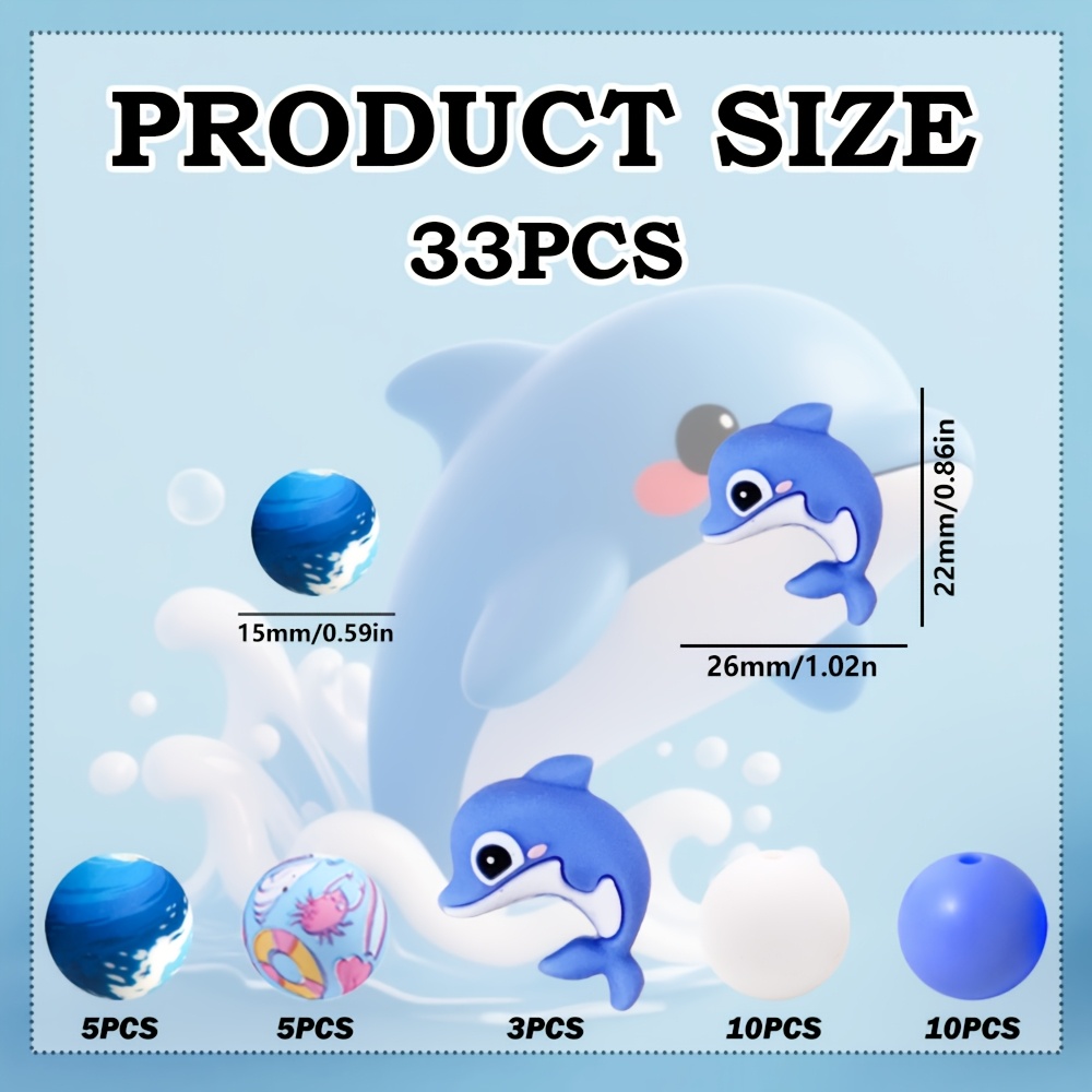 TEMU 33pcs Dolphin Element Silicone Molded Wave And Swimming Ring Pattern Printed Colorful Solid Round Beads For Earrings, Necklaces, Bag Chains, Pen